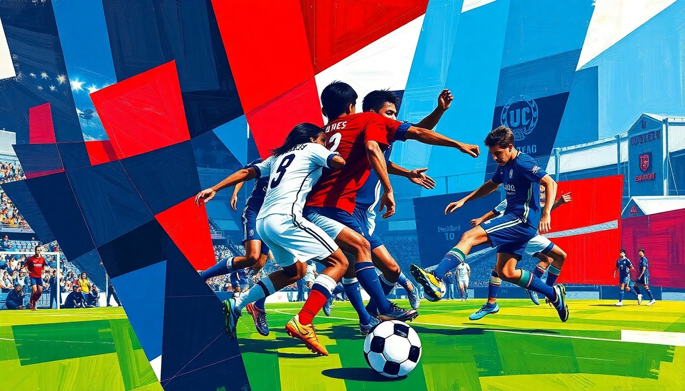 A cubist, geometric painting depicting the dynamic motion and energy of a soccer match, with overlapping planes of navy blue, red, and white shapes representing the official colors of the Park City Soccer Club.