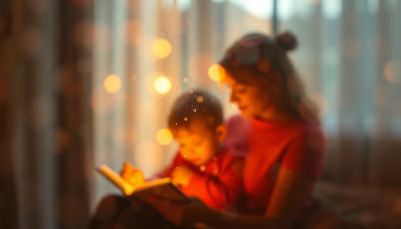 An abstract, impressionistic image of a parent and child reading together, with soft, blurred pools of warm light and color creating an intimate, cozy atmosphere.