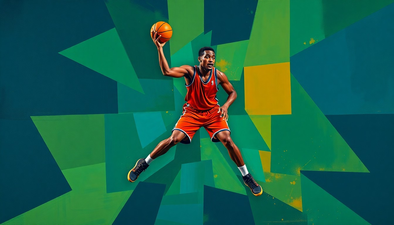 A cubist-style painting featuring sharp, overlapping geometric shapes in navy, green, and orange hues, representing the multifaceted defensive skills and movements of a basketball player.