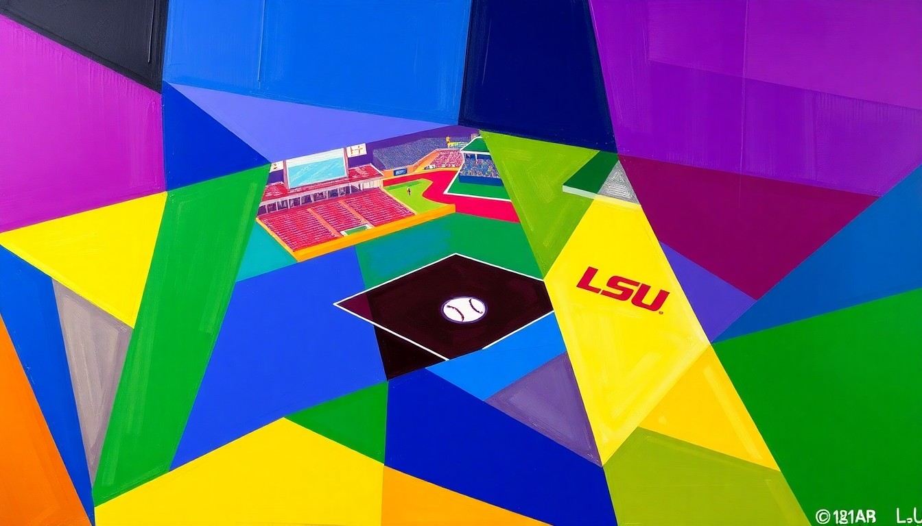 A cubist, geometric painting depicting a baseball game, with the players and field broken down into overlapping planes of bright colors representing the teams.
