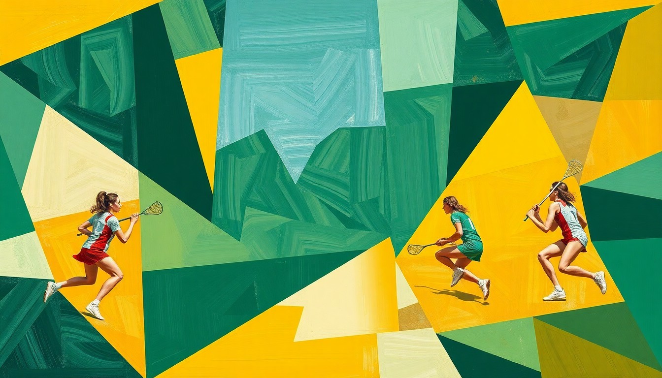 A fragmented, geometric painting depicting the dynamic movements and competing perspectives of a women's lacrosse match, with sharp planes of green, blue, and yellow.