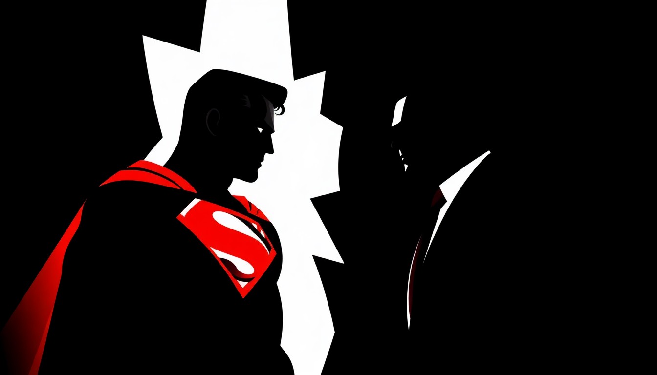 A dramatic, abstract illustration featuring jagged, angular black silhouettes of Superman and Lex Luthor in a high-contrast composition, conveying the tension and conflict between the iconic characters.