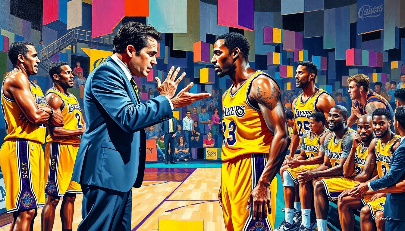 A fractured, geometric painting depicting a heated confrontation between a basketball coach and player, with the players' uniforms and court setting broken down into sharp, overlapping planes of color.