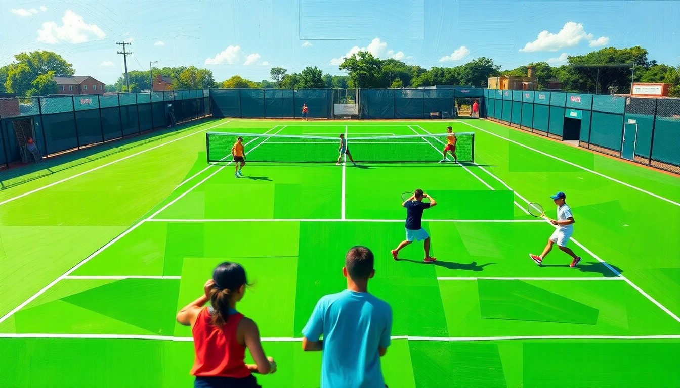 A fragmented, geometric painting depicting a high school tennis match, with blurred player forms and overlapping court lines in shades of green, white, and blue.
