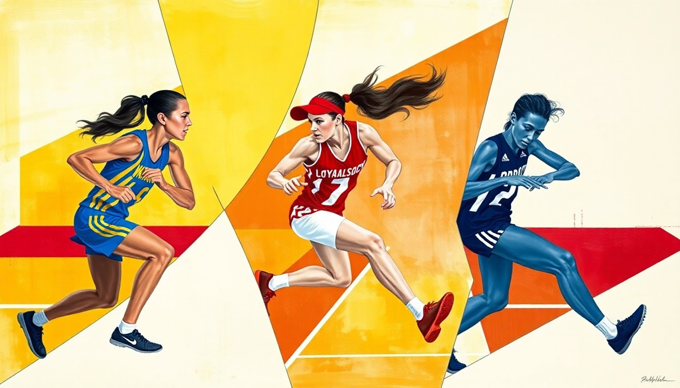 A fractured, cubist-style painting depicting a girls track and field competition, with sharp geometric shapes and planes in the team colors of the competing schools, capturing the dynamic energy and movement of the athletes.