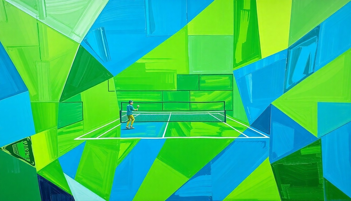 A cubist, geometric painting depicting a high school tennis match, with overlapping planes of green and blue representing the court, players, and movement of the game.