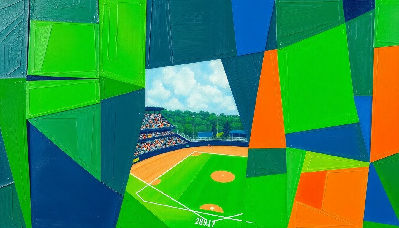 A cubist-style painting featuring overlapping geometric shapes and planes of bright green, navy blue, and orange, conceptually representing the action and energy of a high school baseball game.