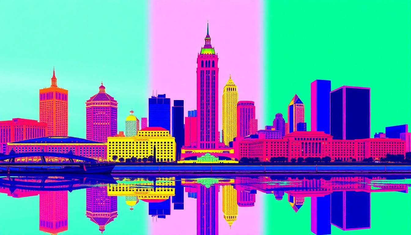 A brightly colored, high-contrast silkscreen print featuring the iconic Terminal Tower of Cleveland repeated in a tight grid pattern, conceptually representing the city's architectural landmarks being elevated to modern pop art.