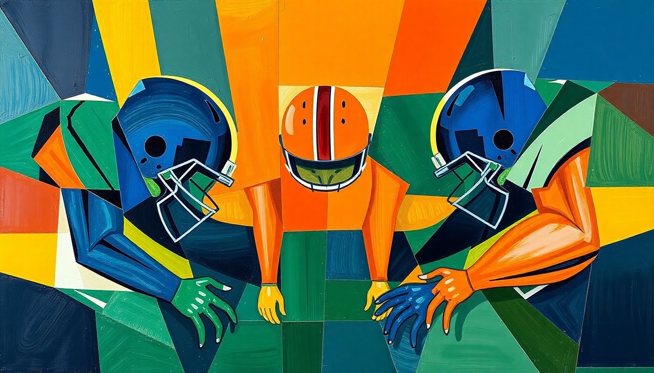 A cubist, geometric painting depicting a fragmented football offensive line, with sharp planes of navy, green, and orange overlapping to create a sense of movement and instability.