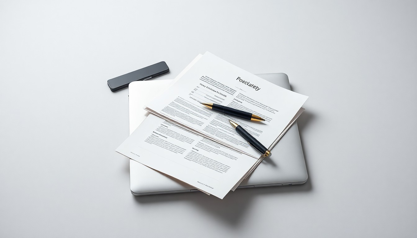 A minimalist studio still life photograph featuring a stack of business documents, a pen, and a laptop on a clean, monochromatic background, conceptually representing the shift from lead volume to verified buyer intent in B2B lead generation.