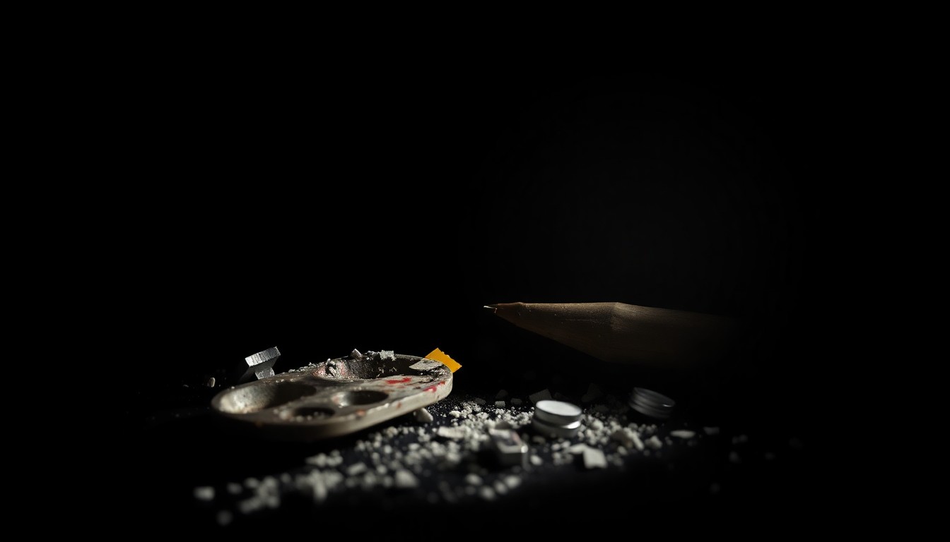An extreme close-up of a broken art therapy tool, such as a shattered paint palette or cracked art brush, captured in dramatic, gritty lighting to conceptually represent the aftermath of a school's failure to protect its students.