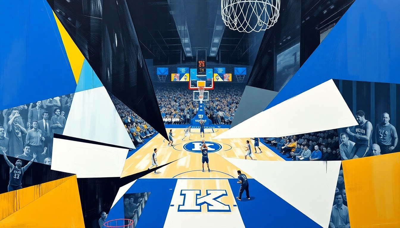 A cubist, geometric painting depicting a fragmented college basketball scene, with sharp, overlapping planes of blue, white, and gold representing the dynamic action and high stakes of the transfer portal.