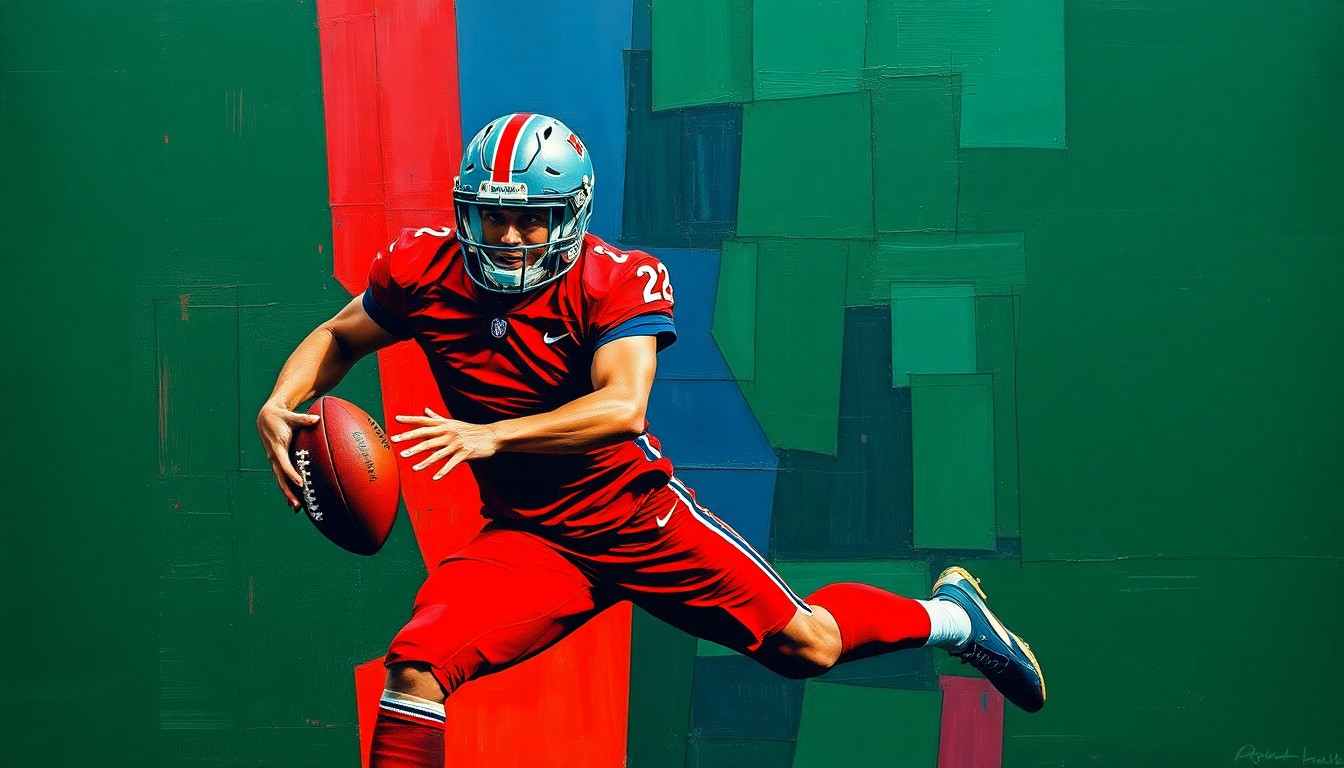 A cubist-style painting depicting a football player in motion, broken down into sharp, overlapping geometric shapes in a palette of deep red, navy blue, and forest green, conceptually representing the uncertainty surrounding a star player's absence from team activities.