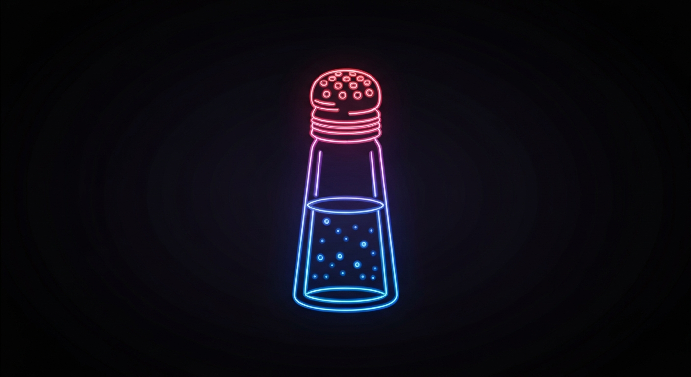 A minimalist design in the style of Keith Haring where a saltshaker is defined entirely by glowing, vibrant neon lines against a deep, dark background, emphasizing the shape and electricity of this common household object.