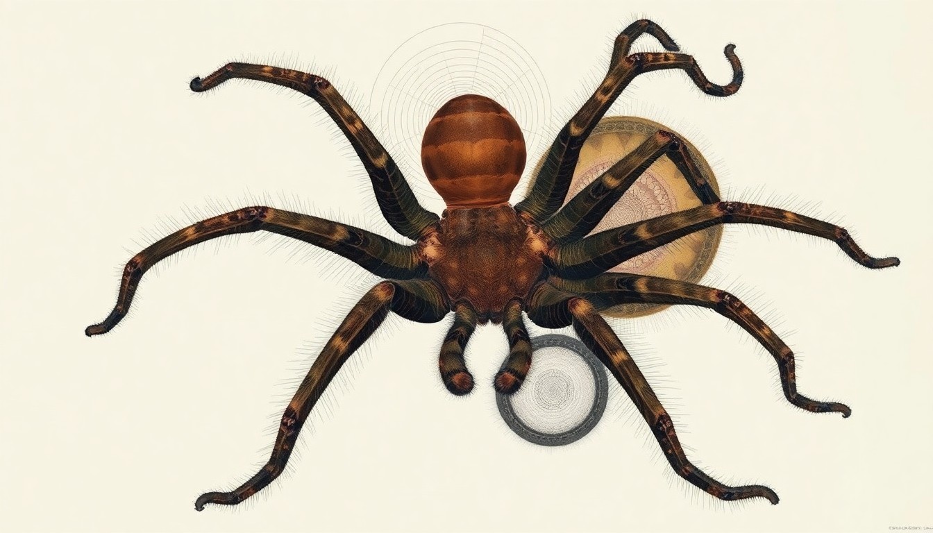 An abstract, highly structured painting in muted earth tones, featuring sweeping geometric arcs, intersecting waveforms, and precise botanical spirals that conceptually represent the complex and unsettling anatomy of a newly discovered tarantula species.