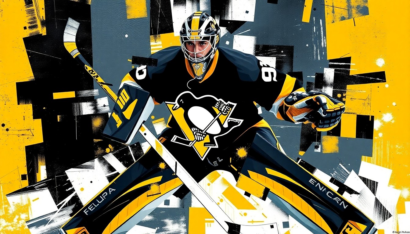 A cubist, geometric painting depicting a hockey goaltender in action, with sharp planes of black, gold, and white representing the Penguins' team colors.