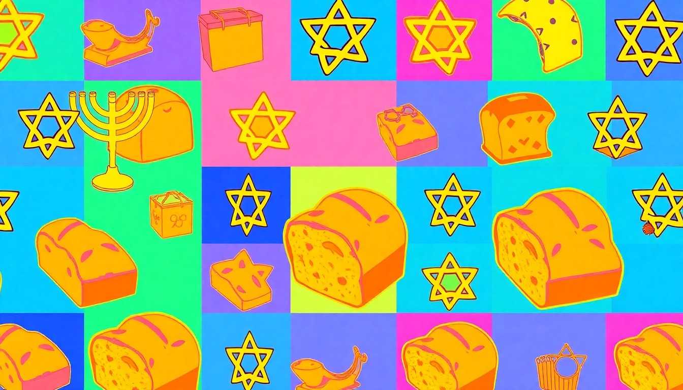 A bold, colorful silkscreen print featuring an iconic Jewish ritual object repeated in a grid pattern, capturing the joyful energy and creative spirit of small-town Jewish communities.