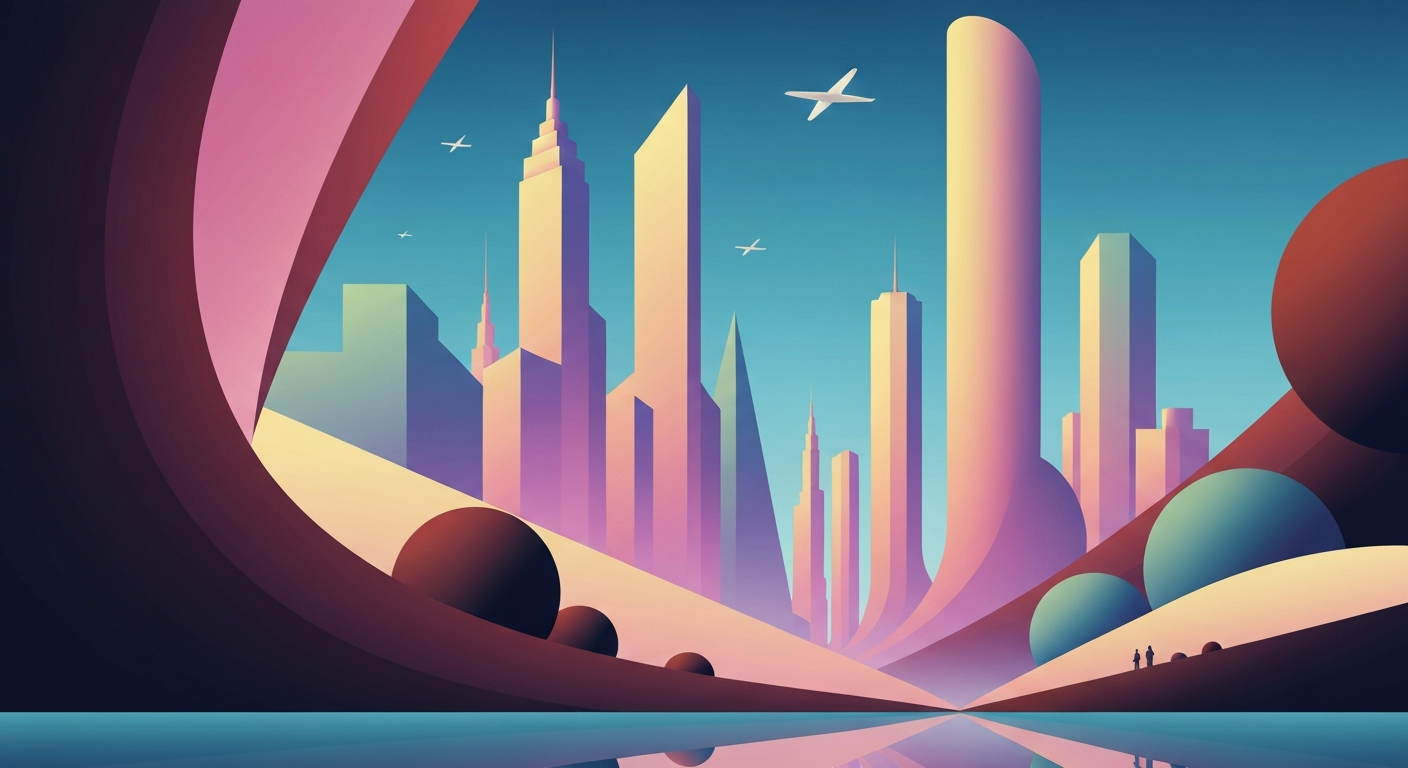 A highly stylized, geometric illustration in the Art Deco style, featuring sweeping gradients and streamlined forms that evoke the grand scale and romance of air travel, without depicting any specific people, places, or text.