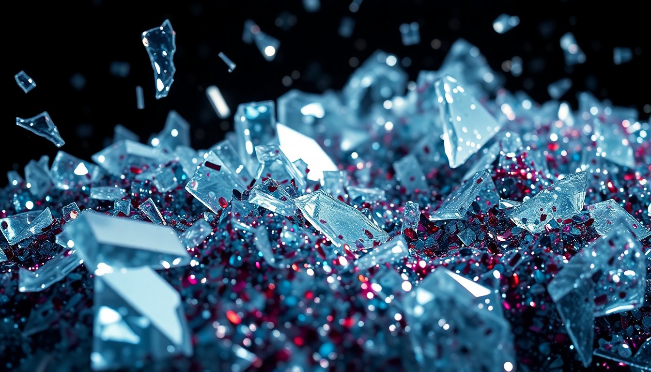 An abstract close-up photograph featuring shards of reflective glass and sparkling sequins, captured in dramatic studio lighting to create a high-fashion, glamorous aesthetic that conceptually represents the drama and mystery surrounding celebrity relationships.