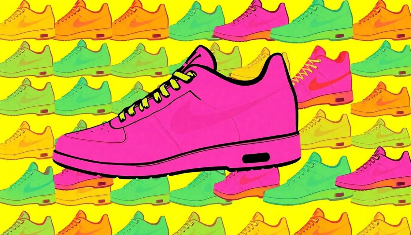 A highly stylized, abstract image composed of a repeating pattern of a single, iconic shoe silhouette in bright, neon-like colors, conceptually representing a grassroots campaign to collect and distribute footwear to those in need.