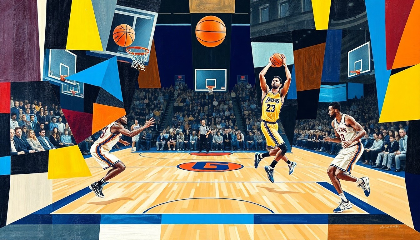 A cubist, geometric painting depicting the dynamic action of a basketball game between the Oklahoma City Thunder and Los Angeles Lakers, with the players' movements and the court's lines abstracted into sharp, overlapping planes of color.