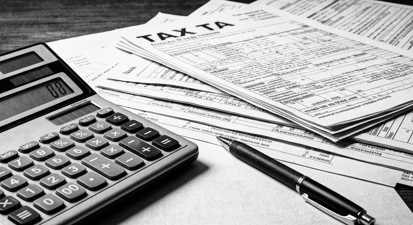 A high-contrast, black and white close-up image of stacked tax forms, a calculator, and a pen, conveying the serious, industrial nature of tax preparation and the need for financial resources.