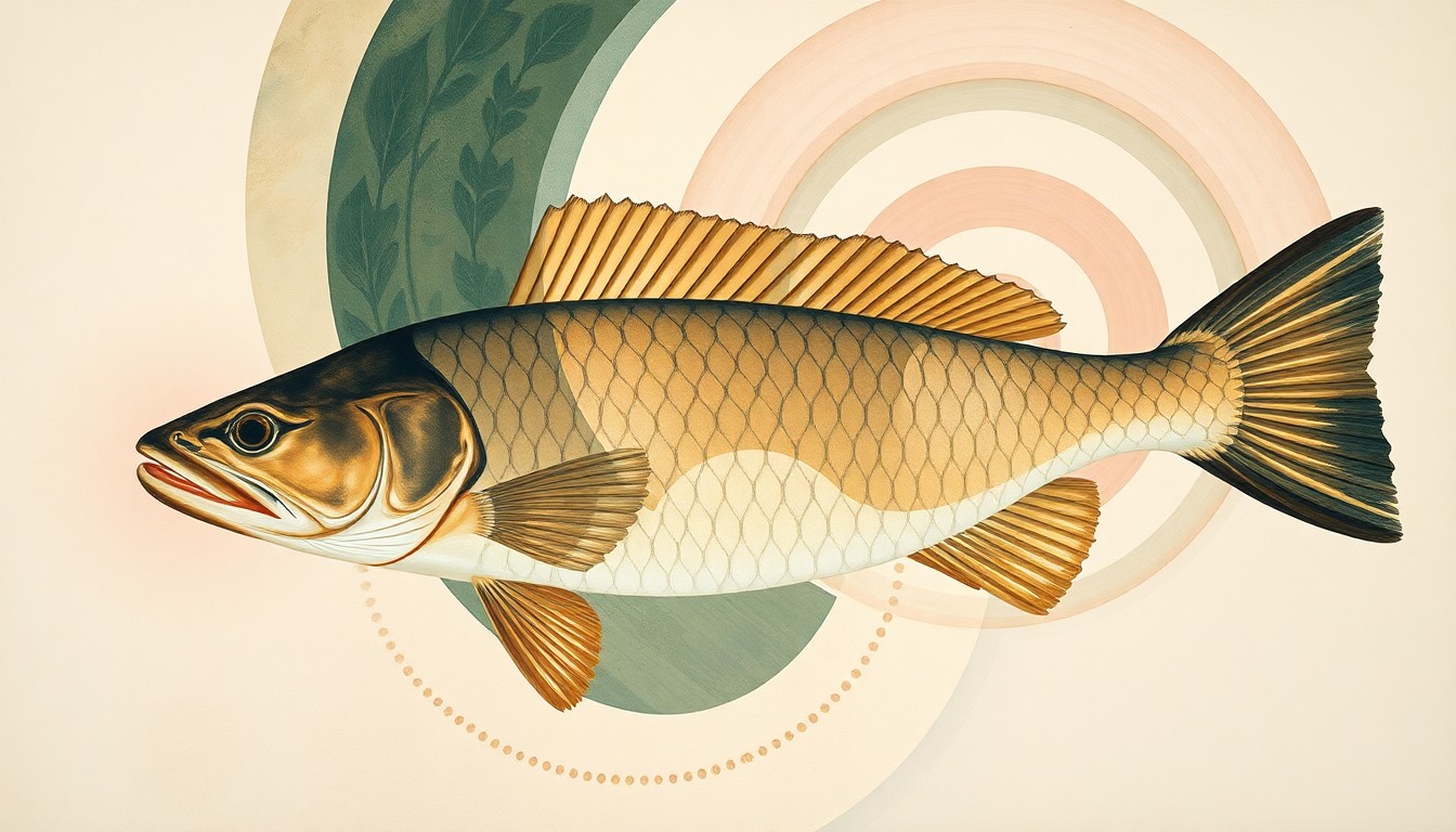 An abstract painting in soft, earthy tones featuring sweeping geometric arcs, concentric circles, and precise botanical spirals, conceptually representing the complex biological and ecological forces that contribute to the growth of a record-breaking walleye.