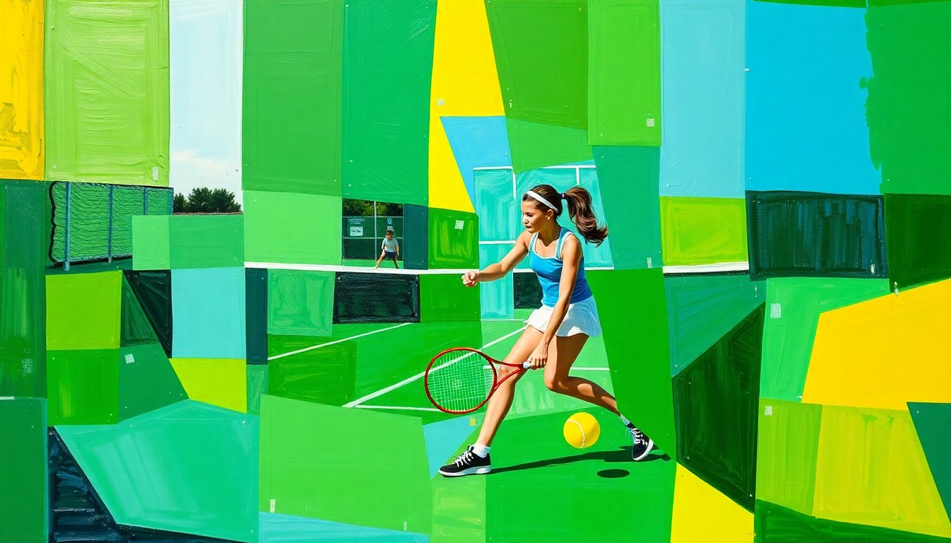 A fragmented, geometric painting in shades of green, blue, and yellow, depicting the overlapping movements and perspectives of a girls tennis match.