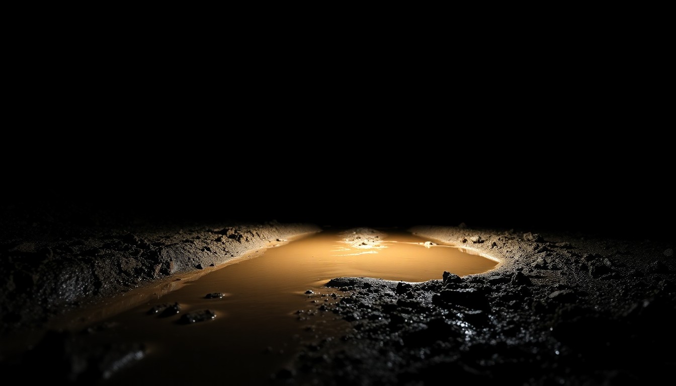 An extreme close-up photograph of a deep mud puddle on a remote forest road, the harsh lighting and stark, gritty aesthetic conveying the challenges faced by mountain patrol deputies in maintaining access to these natural areas.