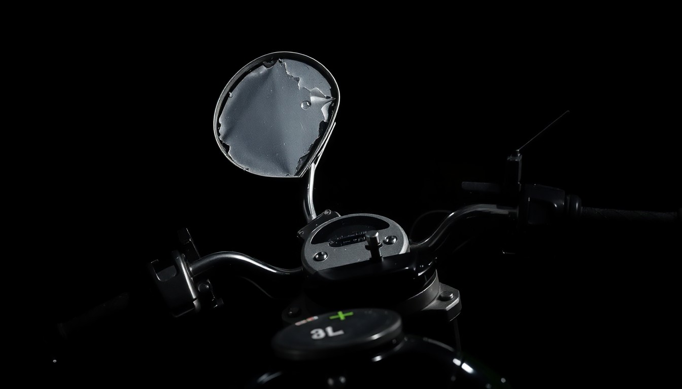 An extreme close-up photograph of a twisted, damaged motorcycle part illuminated by a harsh, direct camera flash against a pitch-black background, conveying a stark, gritty, investigative aesthetic.