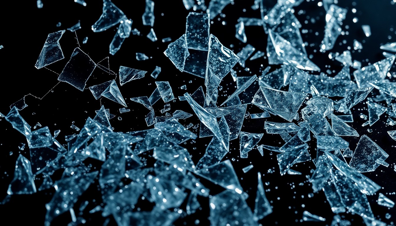 An abstract close-up image of shattered glass and glittering shards, captured in dramatic high-contrast studio lighting to convey a sense of fragmentation and uncertainty surrounding AMC's Anne Rice adaptations.