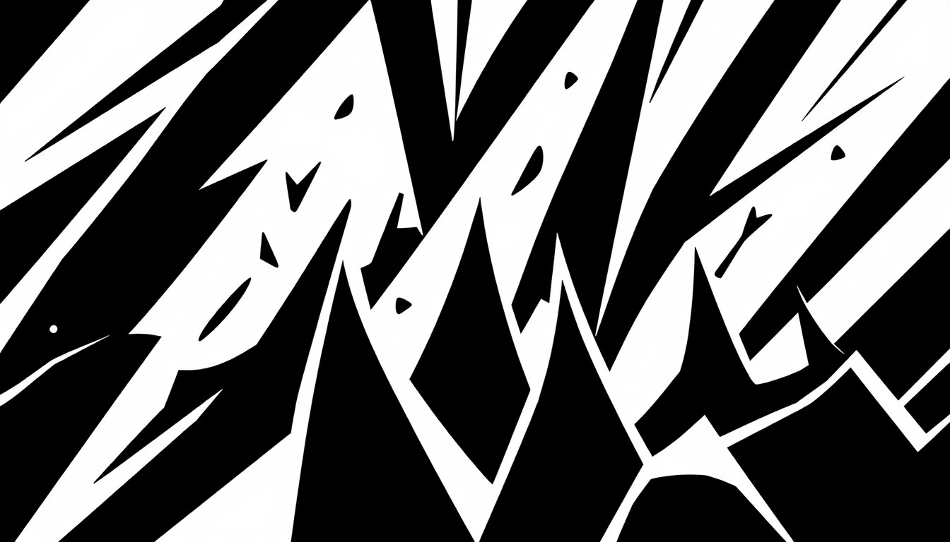 An abstract, minimalist illustration featuring bold, jagged black shapes against a stark white background, conveying the dynamic energy of a live music performance.