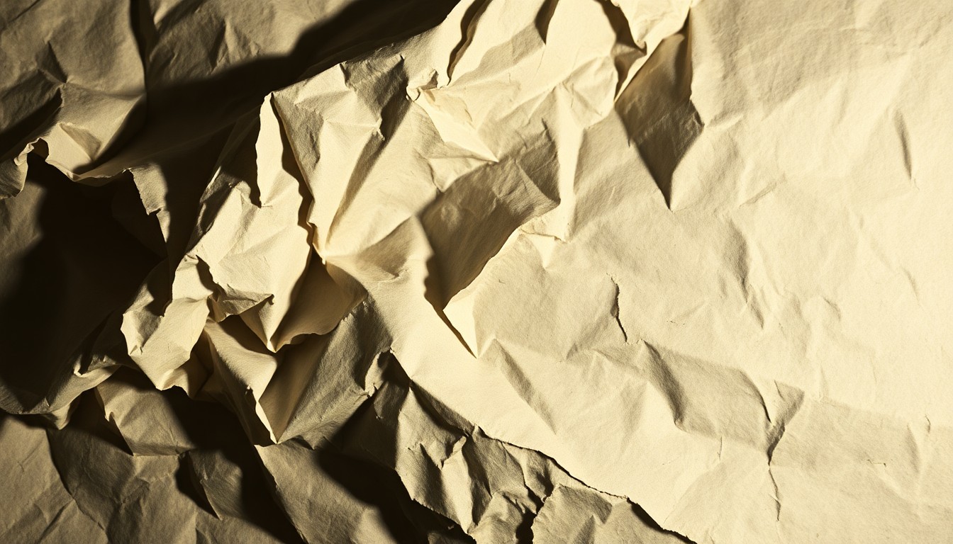 An extreme close-up of a crumpled, metallic-flecked paper texture, shot in dramatic high-contrast lighting to create a conceptual representation of the creative tension between commercial and artistic pursuits.