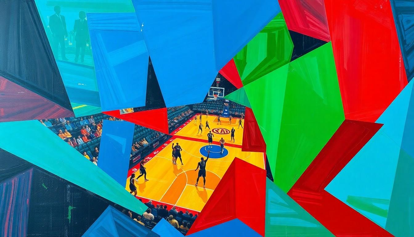A fractured, cubist-style painting depicting a WNBA basketball game or match, with the players and court broken down into sharp, overlapping geometric shapes and planes in a vibrant color palette, conveying the competitive dynamics of free agency negotiations.