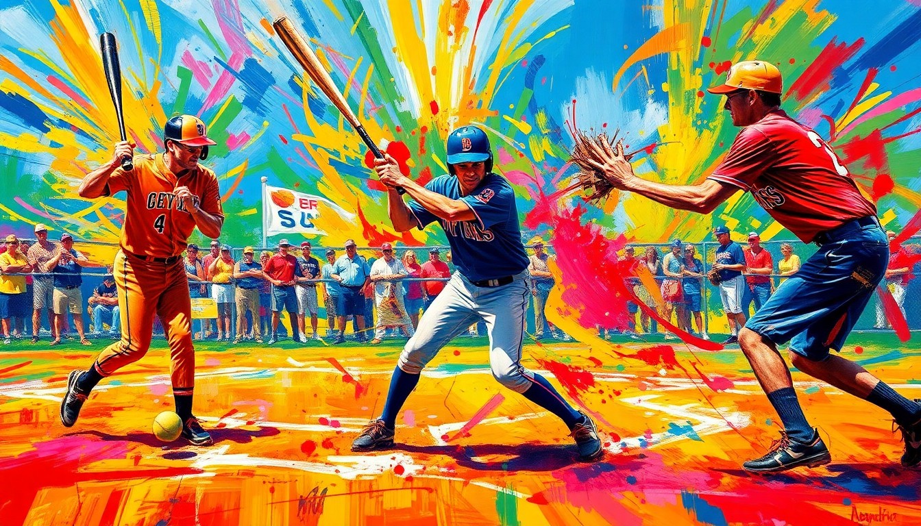 An abstract, expressionist painting in vibrant neon colors, capturing the dynamic motion and energy of a softball game with players' forms dissolving into bold, sweeping brushstrokes.