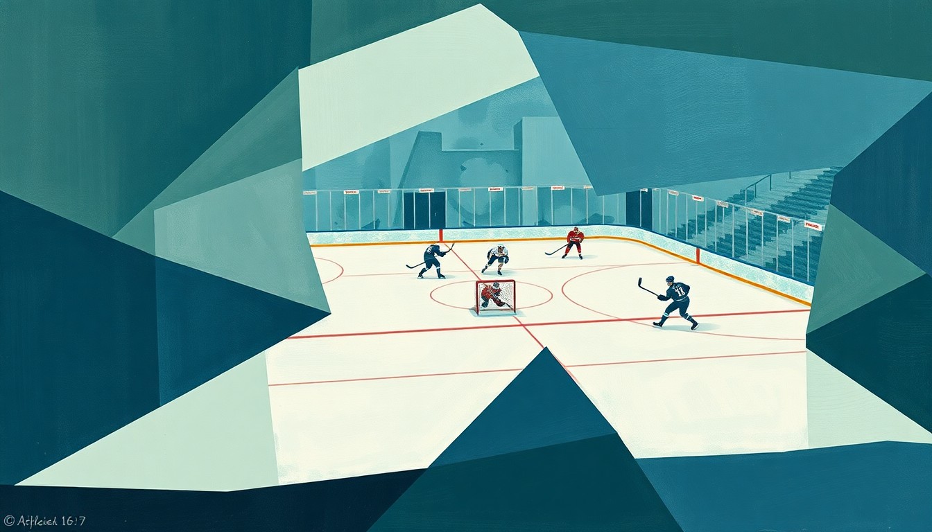 A cubist, geometric painting depicting a hockey game, with the players and ice broken down into overlapping planes of muted blue, green, and gray tones, conveying the complexity and fragmentation of the team's situation.