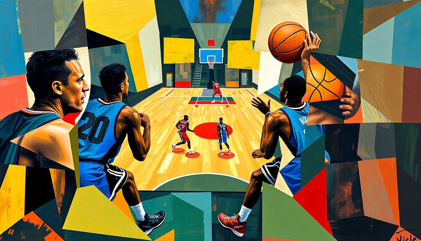 A fragmented, geometric painting depicting the dynamic movements and energy of a basketball game, with players' forms broken down into overlapping planes of color and shape.