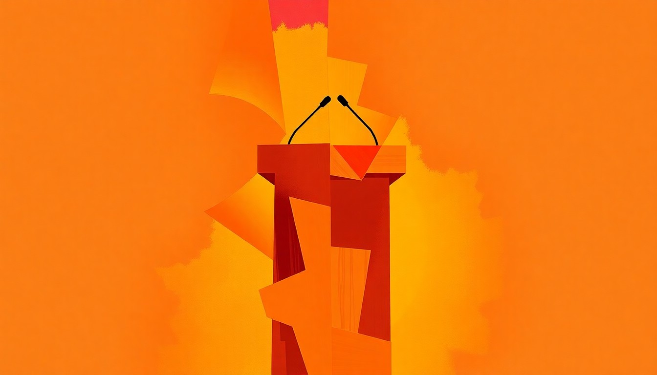 A vibrant, fragmented painting of a podium or lectern in overlapping geometric shapes and waves of warm orange, red, and yellow, conveying a sense of disruption and uncertainty around Mizzou's defunding of identity-based student organizations.