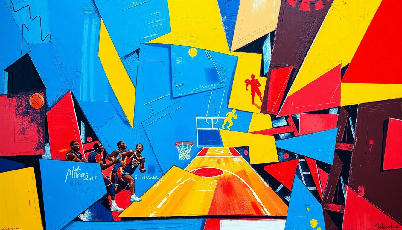 A fractured, cubist-style painting depicting the dynamic movements and energy of a basketball game, with sharp geometric shapes and vibrant colors capturing the essence of the sport.