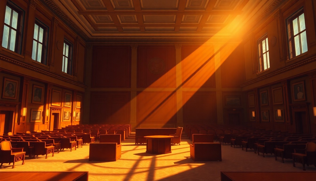 A dimly lit, cinematic painting of an empty city council chamber, with sunlight streaming in through the windows and casting long shadows across the room, creating a contemplative and nostalgic mood that reflects the civic issues at the heart of this story.