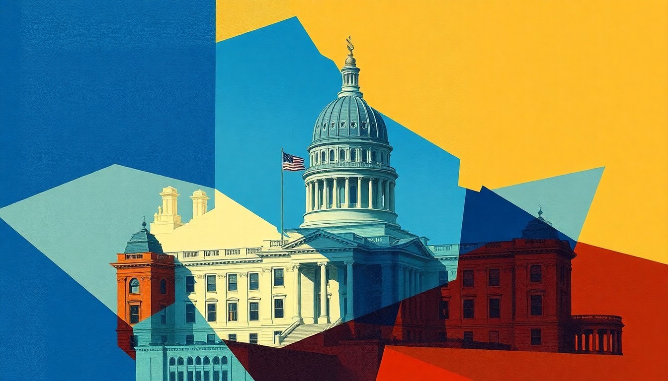 A highly abstract, fragmented painting in warm earth tones and cool blues, depicting the Ohio state capitol building in a fractured, geometric style that evokes a sense of political and economic turmoil.