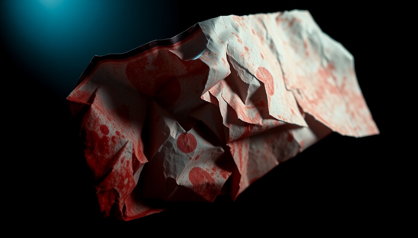 An extreme close-up of a crumpled, bloodied piece of paper or fabric, lit by a harsh, direct camera flash against a pitch-black background, conceptually illustrating the gritty, investigative nature of a domestic violence case.