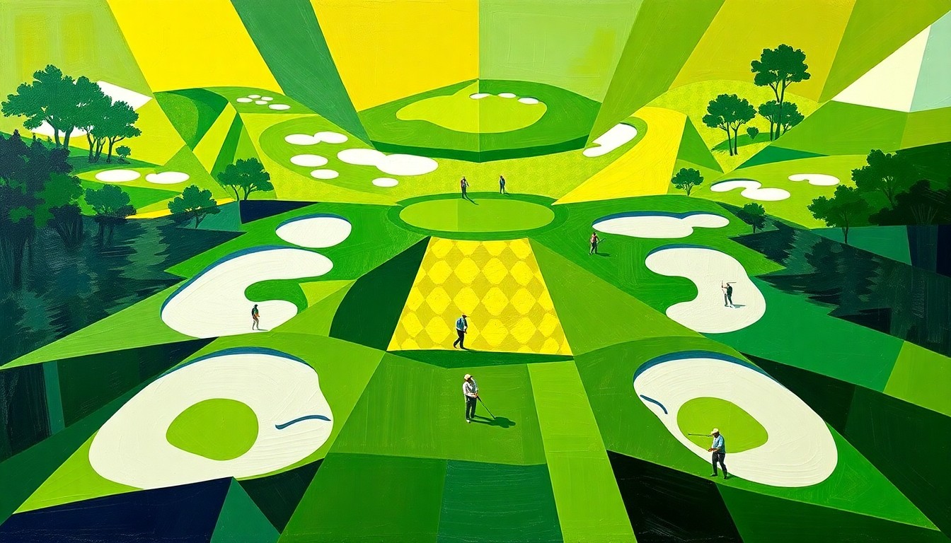 A cubist, geometric painting depicting the opening round of the 2026 Masters golf tournament, with overlapping planes of green fairways, white bunkers, and colorful player silhouettes.