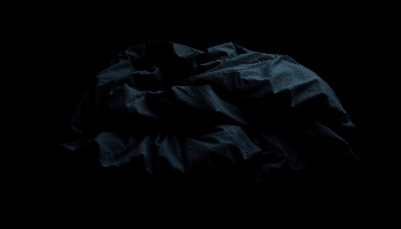 An extreme close-up photograph of a crumpled, dark-colored weighted blanket against a pitch-black background, lit by a harsh, direct camera flash, conceptually representing the evidence of a tragic suffocation incident.
