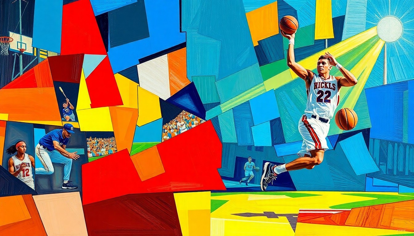 A cubist-style painting featuring sharp, overlapping geometric shapes in vibrant colors, abstractly depicting the motion and energy of a high school baseball game or a college basketball player in action.