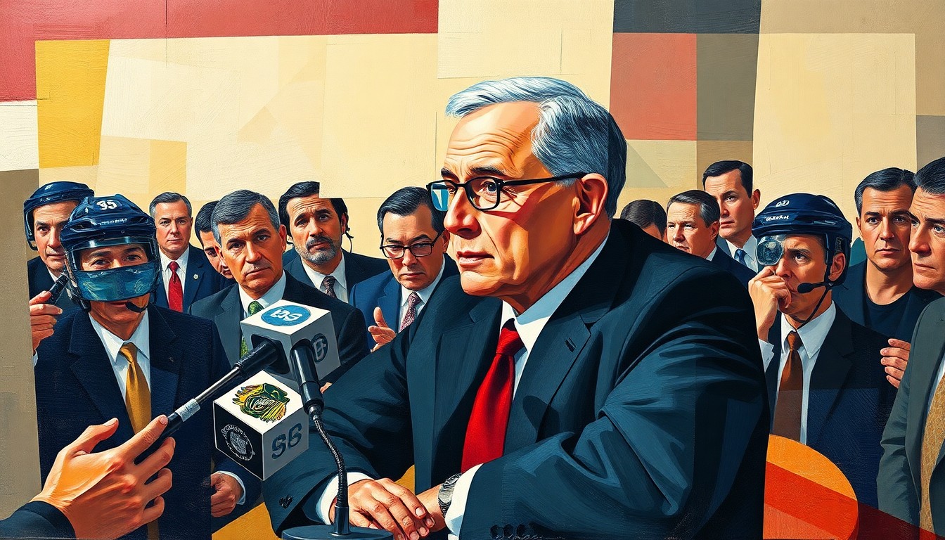 A cubist, geometric painting depicting a hockey coach speaking at a press conference, with his figure broken down into overlapping planes of color and shape.