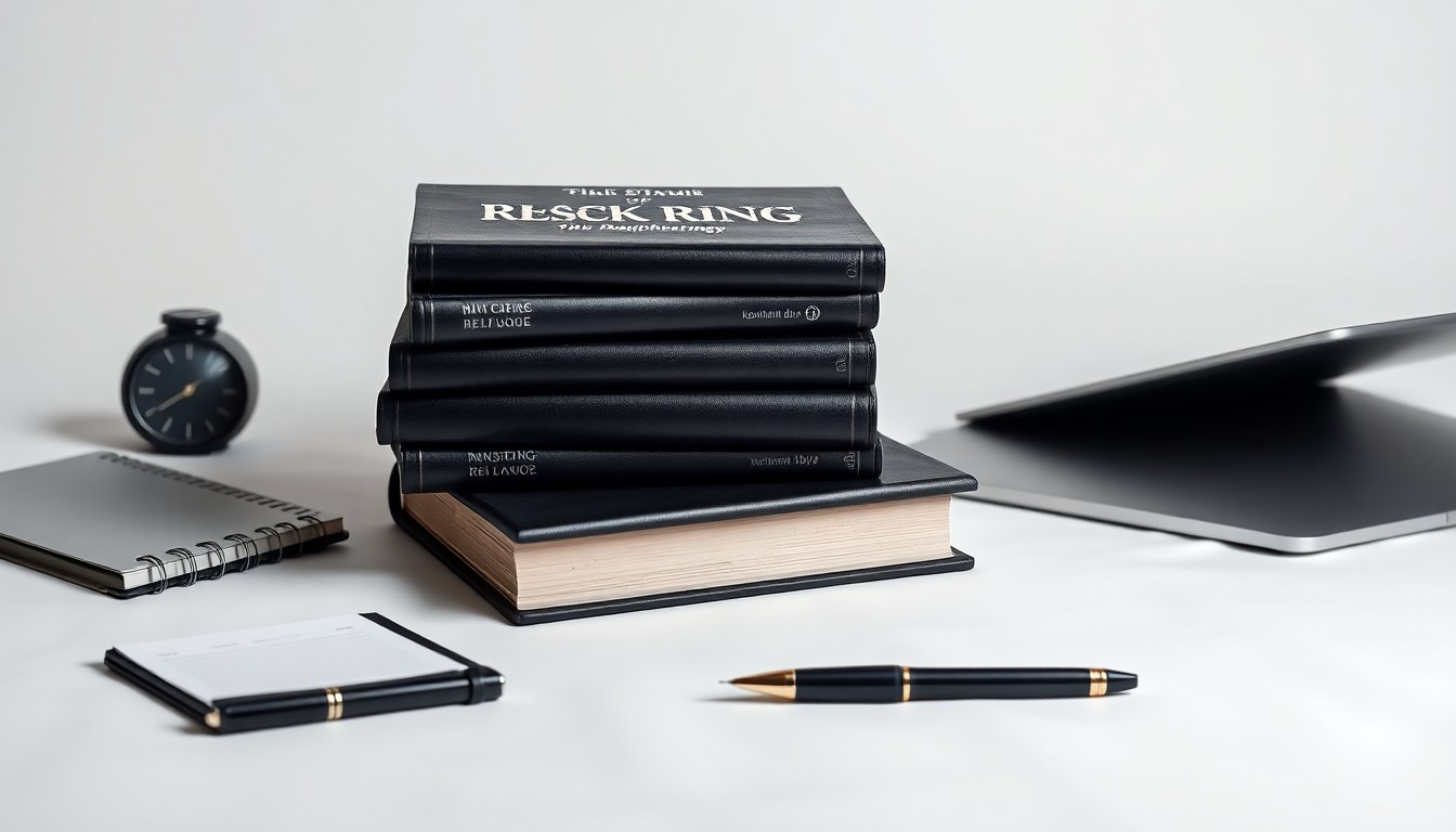 A photorealistic studio still life featuring a stack of hardcover books titled 'The Black Book of Reshoring' alongside other premium business objects, conceptually representing the abstract themes of manufacturing strategy and supply-chain resilience.