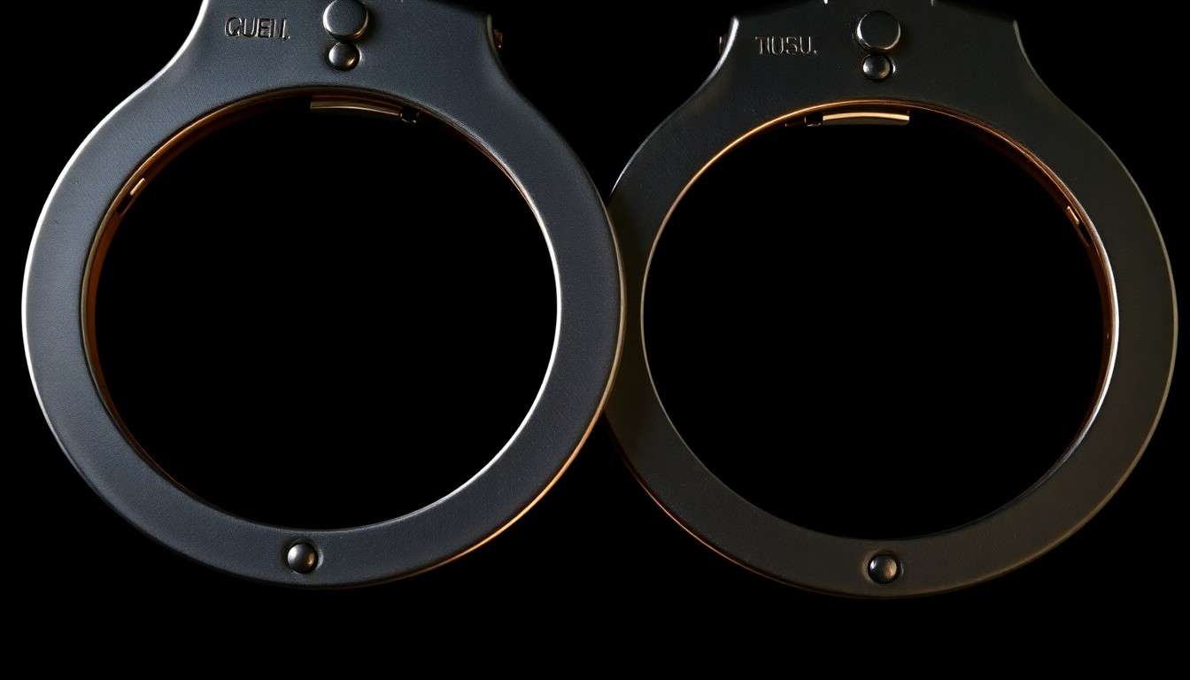 An extreme close-up photograph of a pair of handcuffs against a pitch-black background, creating a stark, gritty, investigative aesthetic through the use of harsh, direct lighting.