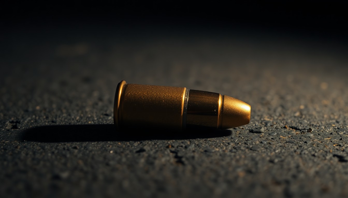 An extreme close-up of a single spent shell casing on a dark concrete surface, reflecting a harsh, direct camera flash and conveying the somber aftermath of a violent crime.