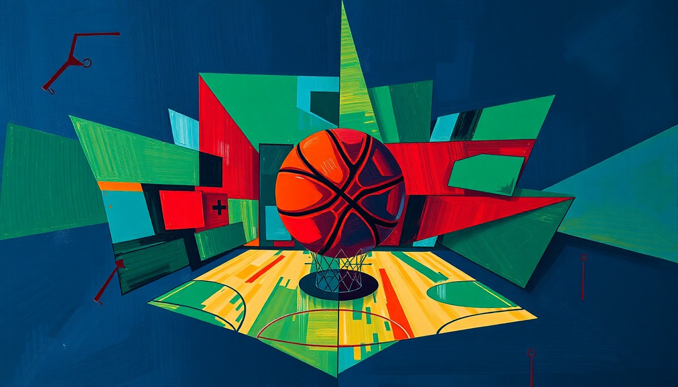 A fragmented, geometric painting depicting a basketball game or match, with sharp, overlapping planes of navy, green, and red, conceptually representing the fractured relationship between a player and his former team.